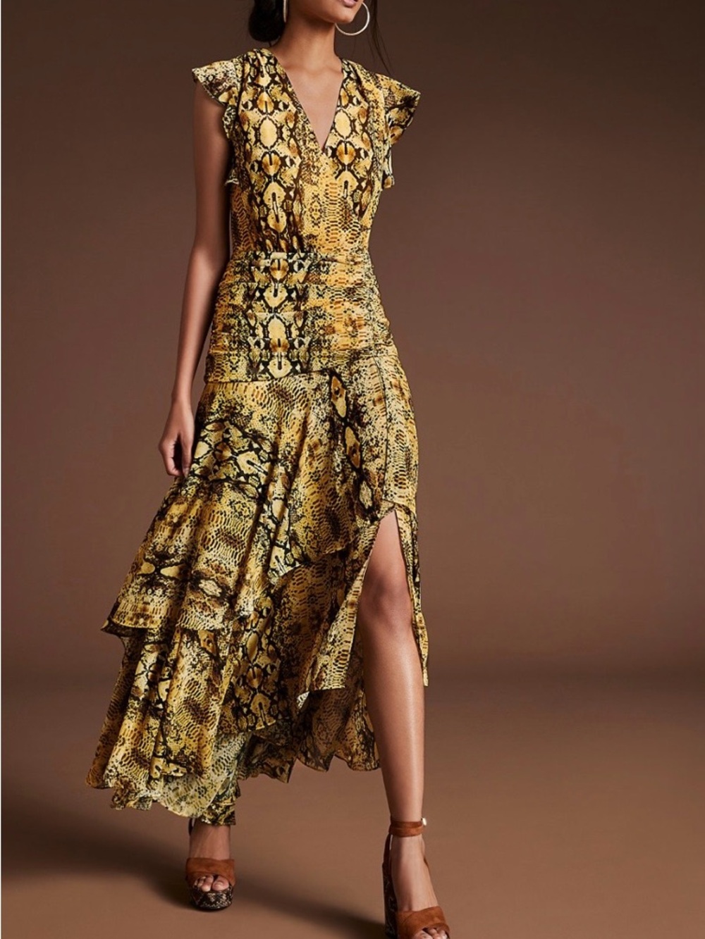 NWOT- Bar III Yellow Snake-Print Ruffle Hi-Low Dress